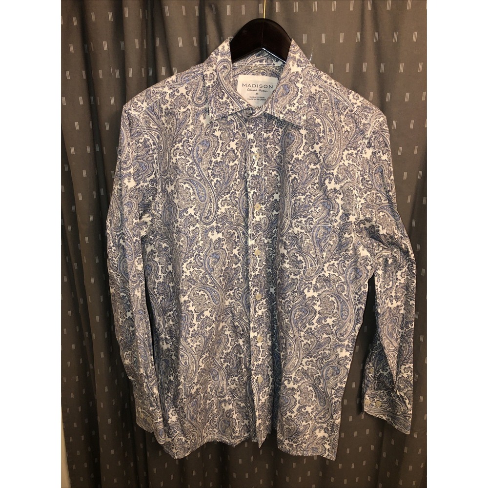 Madison Relaxed Mens Paisley Print 100% Cotton Dress Shirt Size Medium P2P 21"
